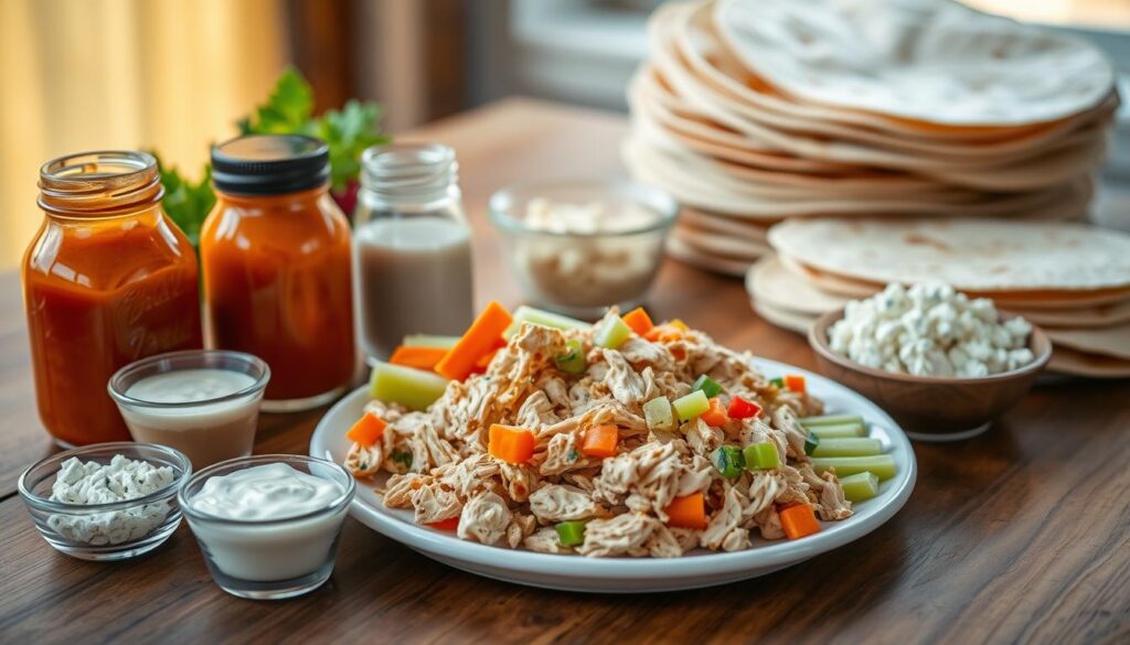 Crisp, high-resolution image of a wooden table top laden with the essential ingredients for making buffalo chicken wraps. In the foreground, an array of sauces and condiments - buffalo sauce, ranch dressing, blue cheese crumbles - in glass jars and bowls. In the middle ground, a plate of shredded grilled chicken, sliced celery, and diced carrots. In the background, a stack of warm tortilla wraps, glistening with a light sheen. Natural, warm lighting filters in from an unseen window, casting a soft, inviting glow over the entire scene. The overall atmosphere is one of fresh, flavorful, and satisfying culinary preparation. Crisp, high-resolution image of a wooden table top laden with the essential ingredients for making buffalo chicken wraps. In the foreground, an array of sauces and condiments - buffalo sauce, ranch dressing, blue cheese crumbles - in glass jars and bowls. In the middle ground, a plate of shredded grilled chicken, sliced celery, and diced carrots. In the background, a stack of warm tortilla wraps, glistening with a light sheen. Natural, warm lighting filters in from an unseen window, casting a soft, inviting glow over the entire scene. The overall atmosphere is one of fresh, flavorful, and satisfying culinary preparation.