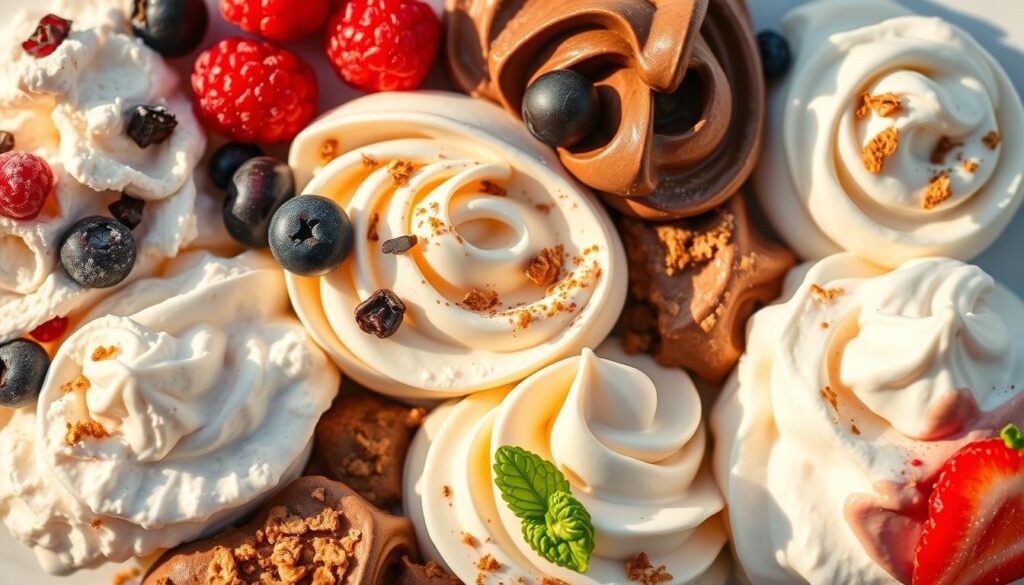 Detailed close-up of a variety of sweet cream cheese fillings, arranged artfully on a minimal white backdrop. Fluffy whipped cream cheese, dotted with fresh raspberries, blueberries, and chopped dark chocolate. Swirls of lemon-infused cream cheese, dusted with powdered sugar. Smooth, rich chocolate cream cheese, topped with crushed graham cracker crumbs. Soft, billowing dollops of strawberry-infused cream cheese, garnished with mint leaves. Warm, golden lighting from the side, casting shadows to accentuate the texture and shape of each filling. Crisp, high-resolution focus on the creamy, decadent details. Detailed close-up of a variety of sweet cream cheese fillings, arranged artfully on a minimal white backdrop. Fluffy whipped cream cheese, dotted with fresh raspberries, blueberries, and chopped dark chocolate. Swirls of lemon-infused cream cheese, dusted with powdered sugar. Smooth, rich chocolate cream cheese, topped with crushed graham cracker crumbs. Soft, billowing dollops of strawberry-infused cream cheese, garnished with mint leaves. Warm, golden lighting from the side, casting shadows to accentuate the texture and shape of each filling. Crisp, high-resolution focus on the creamy, decadent details.