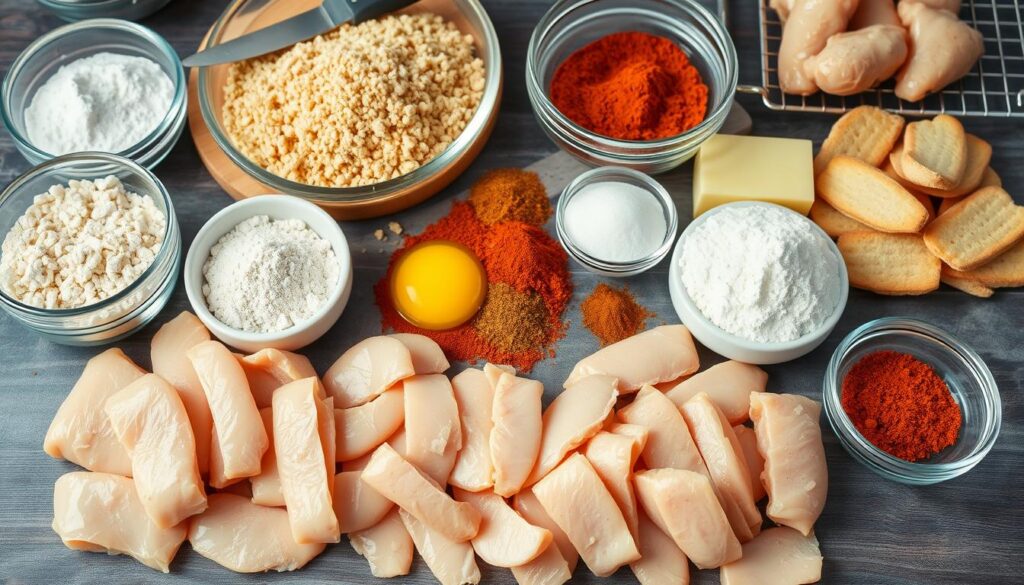 High-resolution photograph of various ingredients for making crunchy chicken crackers, shot from an overhead angle with natural lighting. In the foreground, arrange a selection of whole chicken breasts, sliced into strips. In the middle ground, display an assortment of breading ingredients such as panko breadcrumbs, all-purpose flour, beaten eggs, and a variety of spices like paprika, garlic powder, and cayenne pepper. In the background, include kitchen tools like a cutting board, mixing bowls, and a wire rack for cooling the fried chicken crackers. The overall scene should convey a rustic, homemade aesthetic, with the ingredients neatly organized and ready for the cooking process. High-resolution photograph of various ingredients for making crunchy chicken crackers, shot from an overhead angle with natural lighting. In the foreground, arrange a selection of whole chicken breasts, sliced into strips. In the middle ground, display an assortment of breading ingredients such as panko breadcrumbs, all-purpose flour, beaten eggs, and a variety of spices like paprika, garlic powder, and cayenne pepper. In the background, include kitchen tools like a cutting board, mixing bowls, and a wire rack for cooling the fried chicken crackers. The overall scene should convey a rustic, homemade aesthetic, with the ingredients neatly organized and ready for the cooking process.