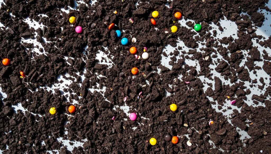 Oreo cookies, crushed into fine crumbs, scattered across a flat surface, creating a realistic "dirt" texture. Interspersed among the dark Oreo crumbs, a variety of small, colorful candies and sprinkles, reminiscent of hidden treasures in the "dirt." The lighting is soft and natural, creating gentle shadows that accentuate the texture and depth of the ingredients. The camera angle is slightly elevated, providing a bird's-eye view of the composition, allowing the viewer to fully appreciate the mix of Oreo, candy, and sprinkles that make up the essential components of an Oreo Dirt Cake. The overall mood is inviting and appetizing, capturing the playful and indulgent nature of this classic dessert.