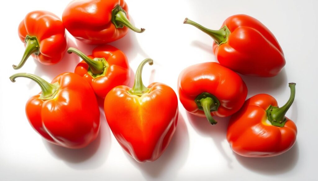Soft, plump pimento peppers in a pristine composition, illuminated by natural light. The peppers rest atop a white background, their vibrant red hues and smooth, glossy surfaces catching the gentle shadows. Meticulously detailed, each pepper displays its distinctive heart-like shape and subtle ridges, inviting the viewer to imagine their creamy, subtly sweet flesh. The scene exudes a sense of culinary anticipation, hinting at the decadent pimento cheese that will soon be crafted from these perfect peppers. Soft, plump pimento peppers in a pristine composition, illuminated by natural light. The peppers rest atop a white background, their vibrant red hues and smooth, glossy surfaces catching the gentle shadows. Meticulously detailed, each pepper displays its distinctive heart-like shape and subtle ridges, inviting the viewer to imagine their creamy, subtly sweet flesh. The scene exudes a sense of culinary anticipation, hinting at the decadent pimento cheese that will soon be crafted from these perfect peppers.
