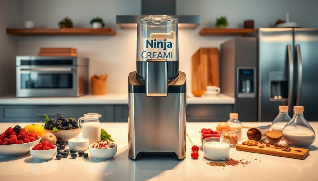 A pristine kitchen counter with a gleaming stainless-steel Ninja Creami ice cream maker positioned front and center, surrounded by an array of fresh ingredients - ripe berries, creamy dairy, and a variety of spices. The scene is bathed in warm, diffused lighting, casting a soft, inviting glow. In the background, a row of stainless-steel appliances and minimalist decor convey an efficient, streamlined workflow. Sleek angles and reflective surfaces create a sense of precision and professionalism, perfectly capturing the "fast Ninja Creami workflow" for crafting the best, most delectable frozen treats.