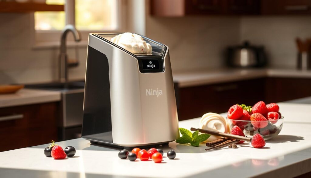 A sleek, modern Ninja Creami ice cream maker stands prominently on a pristine countertop, its compact and minimalist design gleaming under warm, natural lighting. Nearby, a selection of fresh, vibrant ingredients - ripe berries, rich chocolate, and smooth vanilla - are arranged artfully, hinting at the endless flavor possibilities. The Ninja Creami's distinctive, angular silhouette is captured from a slightly elevated angle, emphasizing its futuristic aesthetic and intuitive controls. The overall scene conveys a sense of culinary innovation and effortless sophistication, perfectly capturing the essence of this revolutionary ice cream appliance.