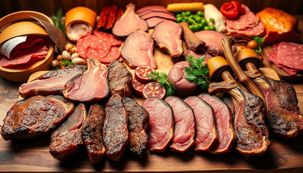 A sumptuous arrangement of carnivore diet foods, illuminated by warm, natural lighting and captured with a high-resolution wide-angle lens. In the foreground, a selection of juicy, well-marbled steaks, succulent pork chops, and savory lamb chops arranged artfully on a rustic wooden cutting board. In the middle ground, a variety of organ meats, including liver, heart, and kidneys, presented in an enticing display. The background features an assortment of cured meats, such as salami, prosciutto, and beef jerky, along with a few leafy greens to provide visual balance. The overall scene exudes an air of abundance and culinary delight, perfectly capturing the essence of the carnivore diet.