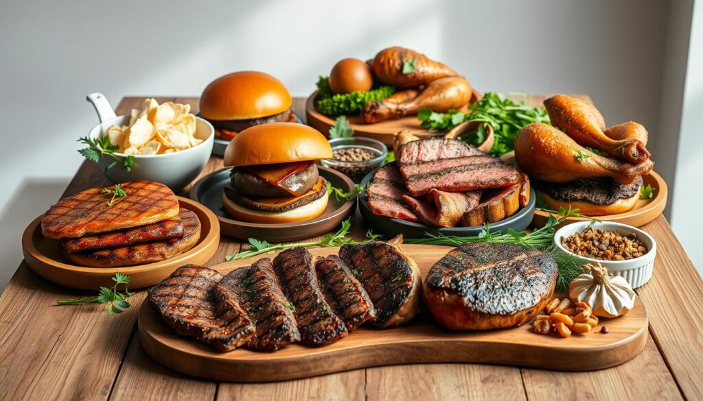 A visually appetizing arrangement of various carnivore diet recipes presented with a minimalist, elegant aesthetic. The foreground features a selection of succulent meat dishes, including perfectly seared steaks, juicy burgers, and tender roasted poultry, all arranged on a rustic wooden table. The middle ground showcases fresh herbs, spices, and other simple garnishes, complementing the main course. The background maintains a clean, light-filled setting, with soft shadows and natural textures, creating a serene, inviting atmosphere. The overall composition is captured with a crisp, high-resolution lens, emphasizing the mouthwatering details of the carnivore diet recipes.