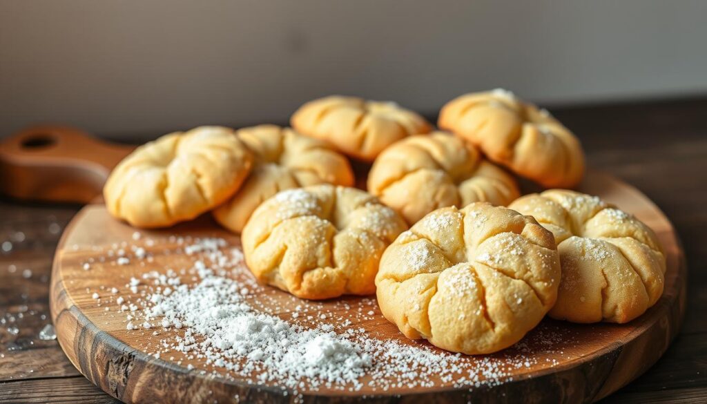A beautifully crafted arrangement of sweet sourdough discard cookies, freshly baked on a rustic wooden board. The cookies have a delightful golden-brown hue and a slightly crackled surface, emanating a mouthwatering aroma. In the foreground, a scattering of sugar crystals and a dusting of powdered sugar add a delicate touch of sweetness. The mid-ground showcases the cookies' soft, pillowy texture, while the background features a minimalist, light-filled setting, allowing the cookies to take center stage. Captured with a crisp, high-resolution lens and warm, natural lighting, the image conveys a sense of homemade comfort and irresistible indulgence.