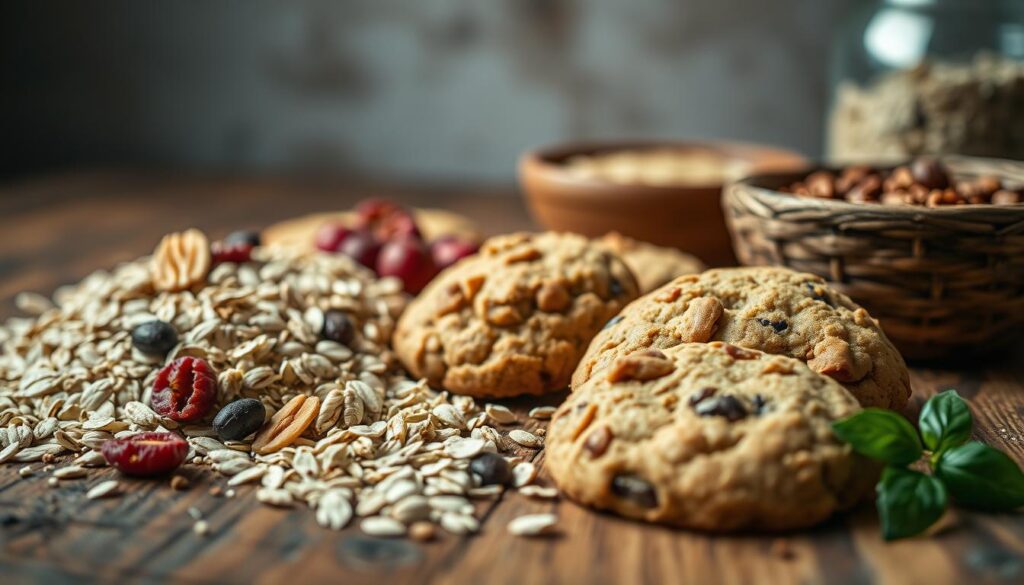 A beautifully lit close-up of a selection of healthy cookie ingredients on a rustic wooden table. In the foreground, an assortment of natural, whole-food ingredients such as rolled oats, nuts, seeds, and dried fruit. In the middle ground, a few freshly baked cookies, their crumbly texture and golden-brown color inviting the viewer to imagine their delicious flavor. The background is softly blurred, creating a sense of warmth and comfort. The lighting is soft and diffuse, accentuating the natural textures and colors of the ingredients. The overall mood is one of wholesome, homemade goodness.