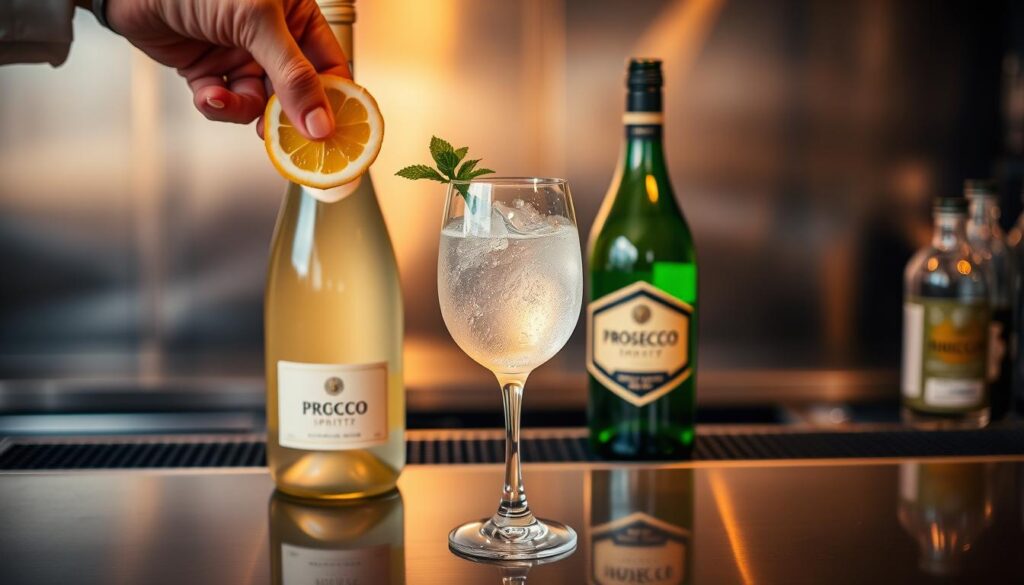 A beautifully styled scene of a Hugo Spritz cocktail preparation. In the foreground, a bartender's hand delicately places a slice of lemon and a sprig of mint into a tall, chilled wine glass filled with sparkling white wine. The middle ground showcases an open bottle of Prosecco alongside a bottle of elderflower liqueur, their labels prominently displayed. In the background, a sleek, stainless steel bar surface reflects the scene, creating a sense of depth and sophistication. The lighting is warm and inviting, casting a soft glow over the ingredients and glassware. The overall mood is one of elegance and precision, perfectly capturing the essence of mastering the classic Hugo Spritz preparation.