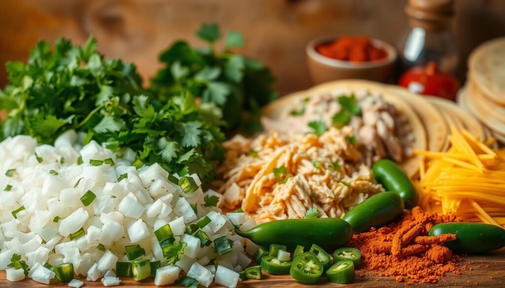 A bountiful arrangement of authentic Mexican ingredients for making delectable chicken enchiladas. In the foreground, an array of freshly chopped onions, garlic, cilantro, and jalapeños. In the middle ground, succulent shredded chicken, vibrant corn tortillas, and a selection of melty cheeses. In the background, a warm, earthy backdrop with hints of terracotta and terracotta-hued spices like cumin and chili powder. The lighting is soft and diffused, casting a cozy, homemade ambiance. The overall composition evokes the flavors and aromas of a traditional Mexican kitchen, ready to transform into a comforting and flavorful chicken enchilada dish. A bountiful arrangement of authentic Mexican ingredients for making delectable chicken enchiladas. In the foreground, an array of freshly chopped onions, garlic, cilantro, and jalapeños. In the middle ground, succulent shredded chicken, vibrant corn tortillas, and a selection of melty cheeses. In the background, a warm, earthy backdrop with hints of terracotta and terracotta-hued spices like cumin and chili powder. The lighting is soft and diffused, casting a cozy, homemade ambiance. The overall composition evokes the flavors and aromas of a traditional Mexican kitchen, ready to transform into a comforting and flavorful chicken enchilada dish.