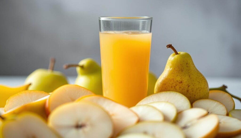 A bountiful display of vibrant pear juice in a glass, captured in a soft, natural lighting that highlights its golden hue and translucent quality. The foreground showcases the juice's alluring clarity, while the middle ground features a scattering of freshly sliced pears, their verdant skin and juicy flesh accentuating the nutritional richness of the beverage. The background subtly blurs, creating a sense of depth and focus on the central elements. The overall composition conveys a sense of health, vitality, and the inherent benefits of consuming this nourishing fruit juice.