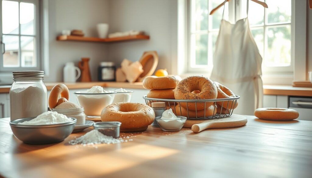 A bright, airy kitchen with natural light streaming in through large windows. On a wooden counter, an array of freshly baked bagels, flour, yeast, water, and other essential ingredients for bagel making are neatly arranged. A crisp, white apron hangs nearby, ready for the chef. The scene conveys a sense of culinary precision and the anticipation of creating a delicious, homemade treat. The lighting is soft and even, casting gentle shadows that accentuate the textures of the ingredients. The composition is balanced, with the bagels and ingredients taking center stage, surrounded by a clean, minimalist backdrop that allows the focus to remain on the preparation process.