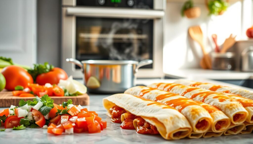 A bright and airy kitchen countertop, with a mix of fresh ingredients and cooking utensils neatly arranged. In the foreground, a stack of warm, freshly made chicken enchiladas, the tortillas glistening with a tantalizing sauce. Beside them, a cutting board with diced tomatoes, onions, and cilantro, ready to be used as toppings. In the middle ground, a saucepan simmering with a rich, aromatic enchilada sauce, steam gently rising. The background features a sleek, modern oven, its door slightly ajar, hinting at the delicious meal being prepared. Natural light floods the scene, casting a soft, inviting glow and accentuating the vibrant colors of the ingredients. The overall atmosphere is one of mouthwatering anticipation, inviting the viewer to step into the kitchen and join in the creation of this classic Mexican dish. A bright and airy kitchen countertop, with a mix of fresh ingredients and cooking utensils neatly arranged. In the foreground, a stack of warm, freshly made chicken enchiladas, the tortillas glistening with a tantalizing sauce. Beside them, a cutting board with diced tomatoes, onions, and cilantro, ready to be used as toppings. In the middle ground, a saucepan simmering with a rich, aromatic enchilada sauce, steam gently rising. The background features a sleek, modern oven, its door slightly ajar, hinting at the delicious meal being prepared. Natural light floods the scene, casting a soft, inviting glow and accentuating the vibrant colors of the ingredients. The overall atmosphere is one of mouthwatering anticipation, inviting the viewer to step into the kitchen and join in the creation of this classic Mexican dish.