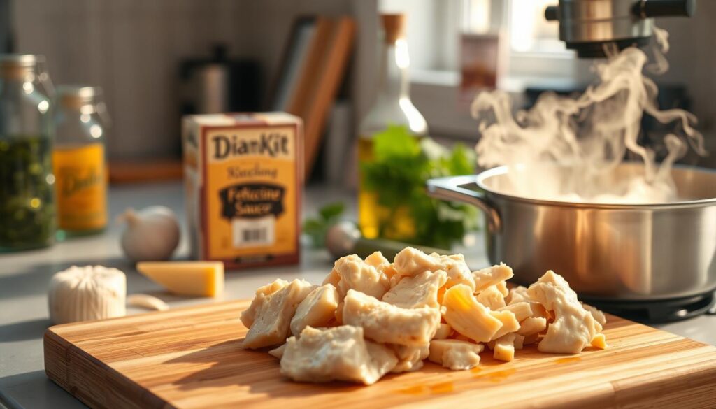 A bright, well-lit kitchen counter. In the foreground, a wooden cutting board with a freshly cooked chicken breast, sliced into bite-sized pieces. Next to it, a steaming pot of hot, creamy Alfredo sauce, the rich, buttery aroma wafting through the air. In the middle ground, a box of uncooked fettuccine pasta, a wedge of Parmesan cheese, and a garlic clove. The background features a glass jar of herbs, a bottle of olive oil, and a blurred, out-of-focus mixer in the distance. Warm, natural lighting casts a soft glow over the scene, creating a inviting, appetizing atmosphere. A bright, well-lit kitchen counter. In the foreground, a wooden cutting board with a freshly cooked chicken breast, sliced into bite-sized pieces. Next to it, a steaming pot of hot, creamy Alfredo sauce, the rich, buttery aroma wafting through the air. In the middle ground, a box of uncooked fettuccine pasta, a wedge of Parmesan cheese, and a garlic clove. The background features a glass jar of herbs, a bottle of olive oil, and a blurred, out-of-focus mixer in the distance. Warm, natural lighting casts a soft glow over the scene, creating a inviting, appetizing atmosphere.