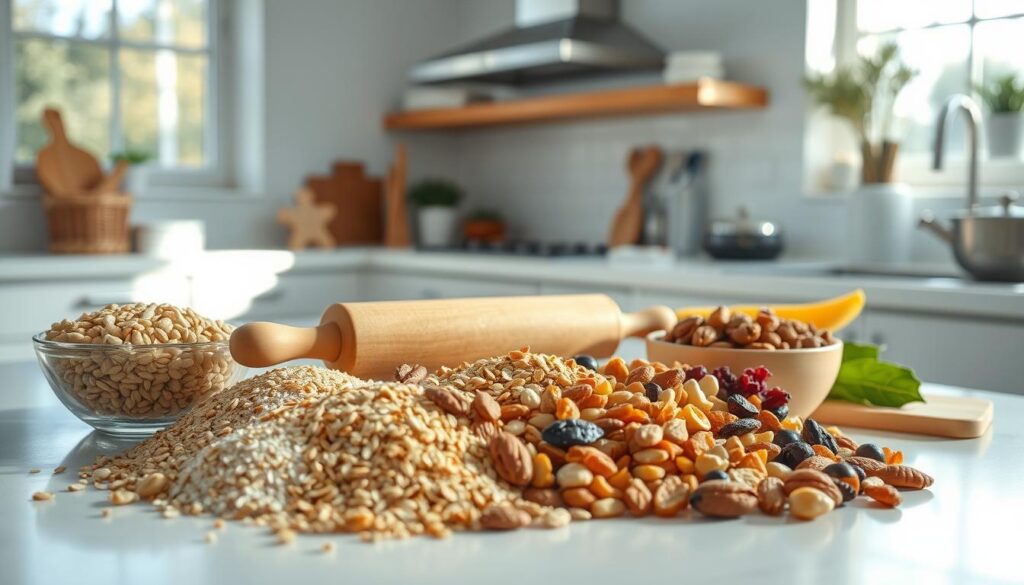 A brightly lit kitchen counter with an assortment of healthy baking ingredients and tools. In the foreground, various whole grains, nuts, and dried fruits are neatly arranged, suggesting their use in nutritious recipes. In the middle ground, a rolling pin, a mixing bowl, and a whisk stand ready for action, hinting at the hands-on process of healthful baking. The background features a clean, modern kitchen with natural light streaming in through large windows, creating a warm and inviting atmosphere. The overall scene conveys a sense of mindfulness, balance, and a commitment to wholesome culinary practices.
