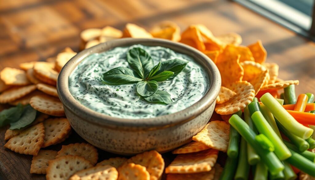 A classic Knorr spinach dip, served in a rustic ceramic bowl, sits on a wooden table. The dip is creamy and vibrant green, garnished with fresh spinach leaves. Surrounding the bowl are an assortment of crunchy crackers, crisp pita chips, and fresh veggie sticks for dipping. The scene is bathed in warm, natural lighting, creating a cozy, inviting atmosphere. The overall impression is one of a casual, crowd-pleasing party appetizer, perfect for any social gathering.