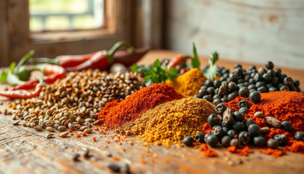 A close-up, detailed still life photograph of an assortment of various chili seasoning spices arranged on a rustic wooden surface. The foreground features an array of whole spices including dried chili peppers, cumin seeds, coriander seeds, paprika, oregano, and black peppercorns. The middle ground showcases small piles of the ground spice powders, highlighting their vibrant colors and textures. The background has soft, natural lighting from a window, casting a warm, earthy glow over the scene. The composition emphasizes the visual complexity and scientific interplay of the different spice components that create the unique flavors of chili seasoning blends.