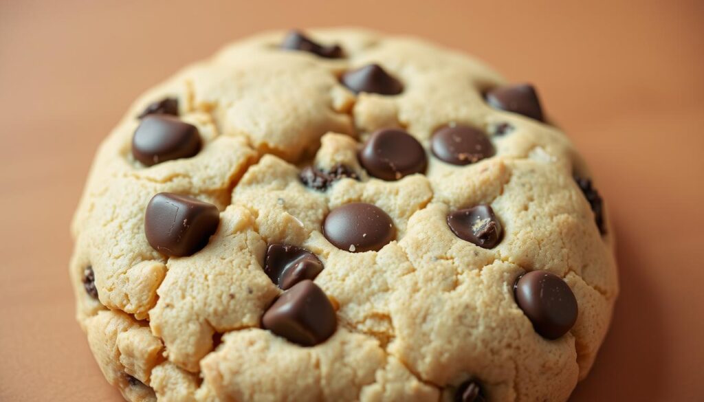 A close-up of a freshly baked, golden-brown Levain chocolate chip cookie, its surface lightly cracked and glistening with melted chocolate chips. The cookie's generous size and thick, doughy texture are highlighted by the angle and lighting, which casts soft shadows and emphasizes the cookie's artisanal, hand-crafted appearance. The background is a warm, neutral color, allowing the cookie to take center stage and showcase its signature Levain style - a perfect balance of crisp edges, a soft and chewy interior, and an abundance of rich, decadent chocolate. The overall mood is one of indulgence, comfort, and the irresistible allure of a truly exceptional, premium-quality cookie.