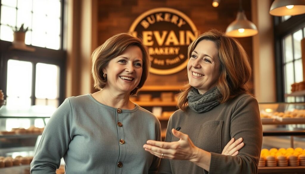 A close-up portrait of the two founders of Levain Bakery, Pam Weekes and Connie McDonald, set against a warm, cozy bakery interior. The women are shown in a friendly, collaborative pose, smiling and gesturing as they discuss their business. The scene is illuminated by soft, natural lighting filtering through large windows, casting a golden glow over the scene. The background features the familiar Levain Bakery branding, with rustic wood accents and the aroma of freshly baked cookies wafting through the air, creating an inviting and nostalgic atmosphere that reflects the legacy of the brand.