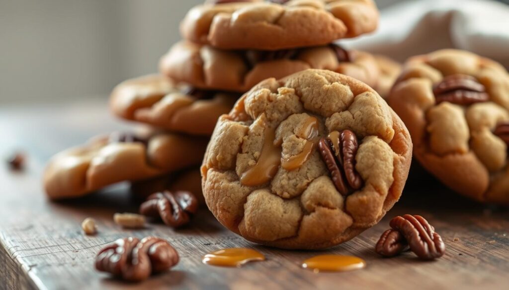 A close-up shot of a stack of freshly baked Southern butter pecan cookies, their golden-brown surfaces glistening under soft, warm lighting. The cookies are arranged on a rustic wooden surface, with a few scattered pecans and a drizzle of caramel sauce adding depth and texture to the scene. The background is blurred, allowing the cookies to take center stage and showcasing their delectable appearance. The overall mood is cozy, indulgent, and inviting, capturing the essence of these irresistible Southern treats. A close-up shot of a stack of freshly baked Southern butter pecan cookies, their golden-brown surfaces glistening under soft, warm lighting. The cookies are arranged on a rustic wooden surface, with a few scattered pecans and a drizzle of caramel sauce adding depth and texture to the scene. The background is blurred, allowing the cookies to take center stage and showcasing their delectable appearance. The overall mood is cozy, indulgent, and inviting, capturing the essence of these irresistible Southern treats.