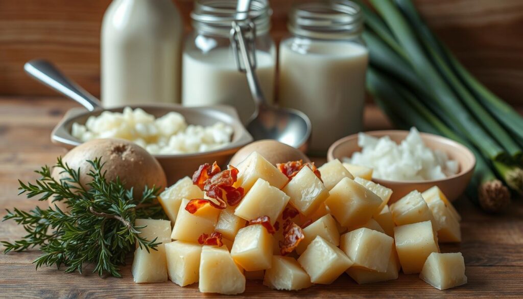 A close-up still life of five essential ingredients for a classic crock pot potato soup, arranged on a rustic wooden table with natural lighting. In the foreground, large Russet potatoes, peeled and cubed, with a bundle of fresh thyme and crumbled bacon. In the middle ground, a stainless steel ladle and a ceramic bowl filled with diced onions. In the background, a mason jar filled with rich, creamy whole milk and a bundle of scallions. The image conveys a comforting, homemade atmosphere, highlighting the simple, wholesome components of a delicious potato soup.