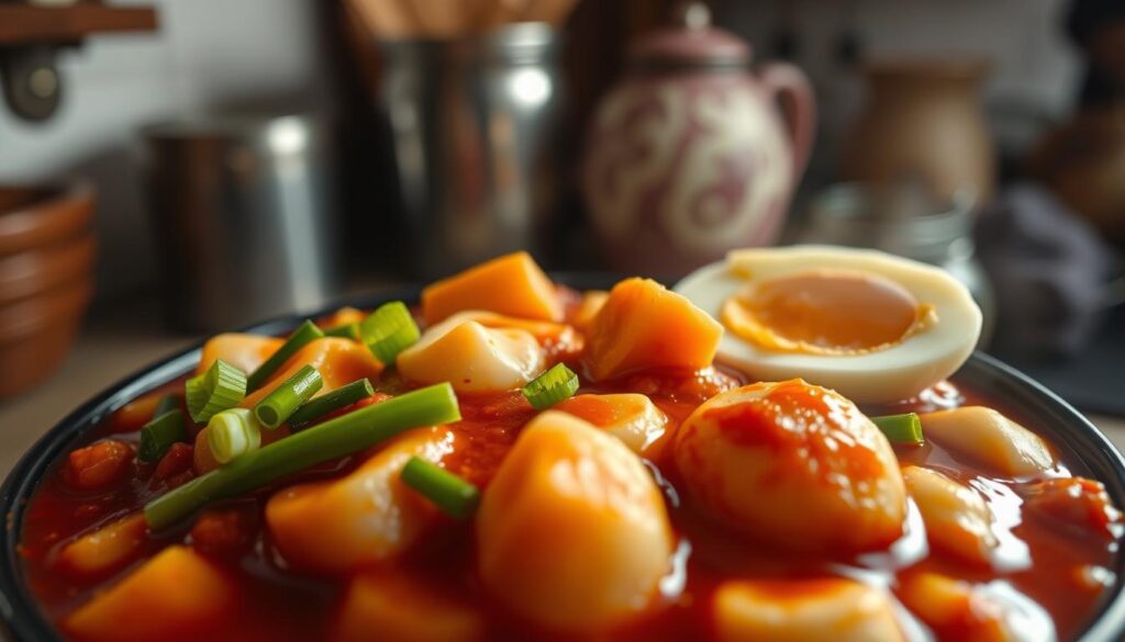 A close-up view of a classic Korean tteokbokki dish, centered in the frame. In the foreground, plump, chewy rice cakes in a deep red gochujang sauce, with scallions, fish cakes, and a soft-boiled egg as garnishes. The lighting is warm and cozy, casting a gentle glow over the scene. The background is blurred, hinting at a simple, rustic kitchen setting. The overall mood is inviting and mouthwatering, capturing the essence of this beloved Korean street food.