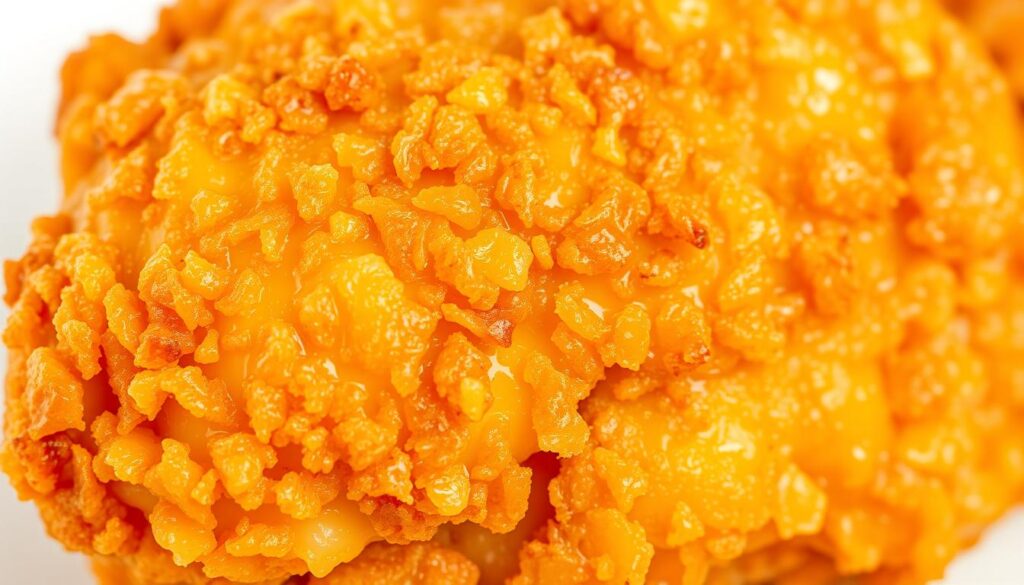 A close-up view of a crispy, golden-brown fried chicken thigh, freshly plucked from a hot oil bath and glistening with a delicate, crunchy crust. The chicken is presented against a clean, neutral background, allowing the textural details to take center stage. Bright, even lighting captures the intricate patterns of the breading, which appear to have been double-dredged for maximum crispiness. The angle highlights the juicy meat beneath the crackling skin, enticing the viewer to envision the satisfying bite and mouthfeel of this perfect specimen of restaurant-quality fried chicken.