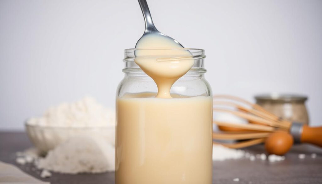 A close-up view of a glass jar filled with thick, creamy condensed milk against a clean, white background. The jar is illuminated by soft, natural lighting, casting gentle shadows and highlighting the viscous texture of the contents. In the foreground, a stainless steel spoon dips into the jar, revealing the rich, golden-hued milk. The middle ground features various baking ingredients such as flour, sugar, and a whisk, suggesting the versatility of condensed milk in the culinary realm. The background is a minimalist, uncluttered space, allowing the star ingredient to take center stage and showcase its essential role in baking and dessert-making.