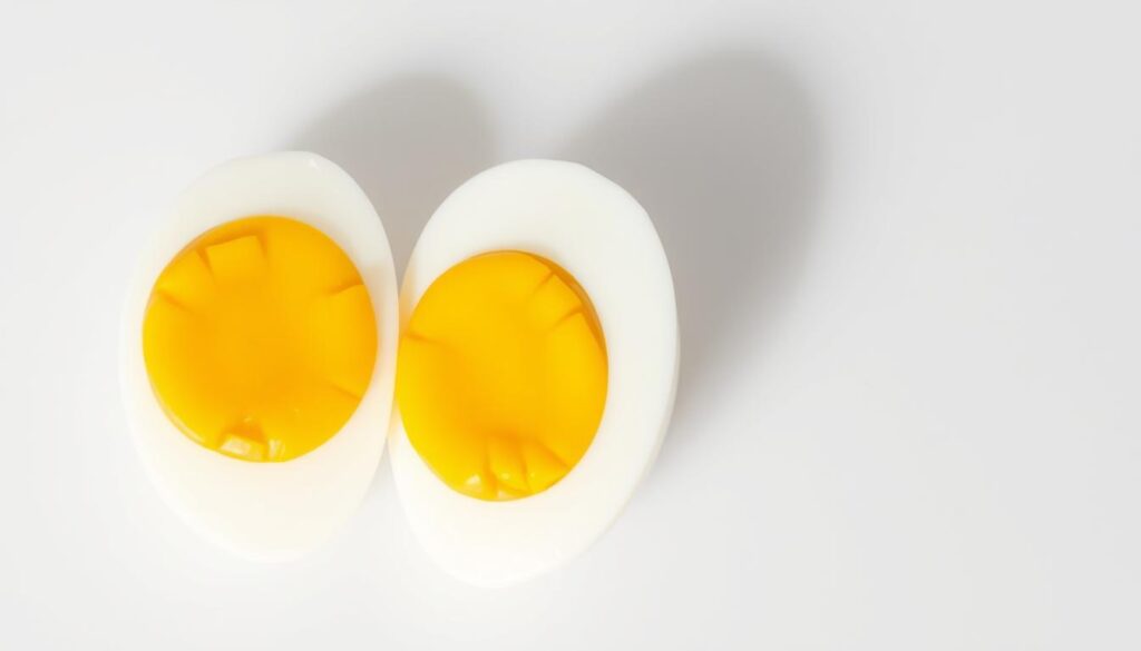 A closeup of three perfectly hard-boiled eggs, their shells removed, arranged on a plain white surface. The eggs have a uniform golden-yellow yolk and a firm, evenly cooked white. Bright, even lighting illuminates the scene, casting gentle shadows that highlight the smooth, glossy texture of the eggs. The composition is simple and minimalist, placing the focus squarely on the eggs themselves, emphasizing their flawless, appetizing appearance. An atmosphere of crisp, clean simplicity pervades the image, conveying the idea of culinary mastery and attention to detail.