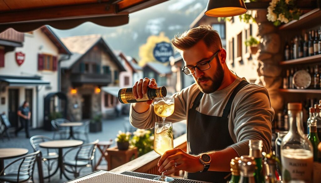 A cozy Alpine village nestled in the South Tyrol region, its cobblestone streets lined with quaint cafes and historic buildings. In one such cafe, a bartender experiments with a refreshing new cocktail, blending crisp Prosecco, fragrant elderflower, and a hint of citrus. This is the birth of the Hugo Spritz, a fizzy, floral delight that will soon captivate the world. The scene is bathed in warm, golden light, casting a soft glow on the bartender's focused expression as he pours the final touches. The image conveys the spirit of innovation, tradition, and the universal appeal of this beloved apéritif.