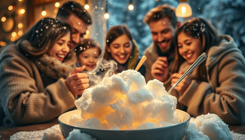 A cozy family gathers around a steaming bowl of homemade snow ice cream, its smooth, creamy texture glistening under the warm glow of soft lighting. In the foreground, fresh snow is carefully folded into a mixture of sweetened condensed milk, vanilla, and a touch of salt, creating a delightful, icy treat. The middle ground features a cheerful family, their faces alight with joy as they savor each spoonful, sharing laughter and stories. In the background, a winter wonderland of gently falling snow and twinkling lights sets the scene for this magical, heartwarming moment. A cozy family gathers around a steaming bowl of homemade snow ice cream, its smooth, creamy texture glistening under the warm glow of soft lighting. In the foreground, fresh snow is carefully folded into a mixture of sweetened condensed milk, vanilla, and a touch of salt, creating a delightful, icy treat. The middle ground features a cheerful family, their faces alight with joy as they savor each spoonful, sharing laughter and stories. In the background, a winter wonderland of gently falling snow and twinkling lights sets the scene for this magical, heartwarming moment.