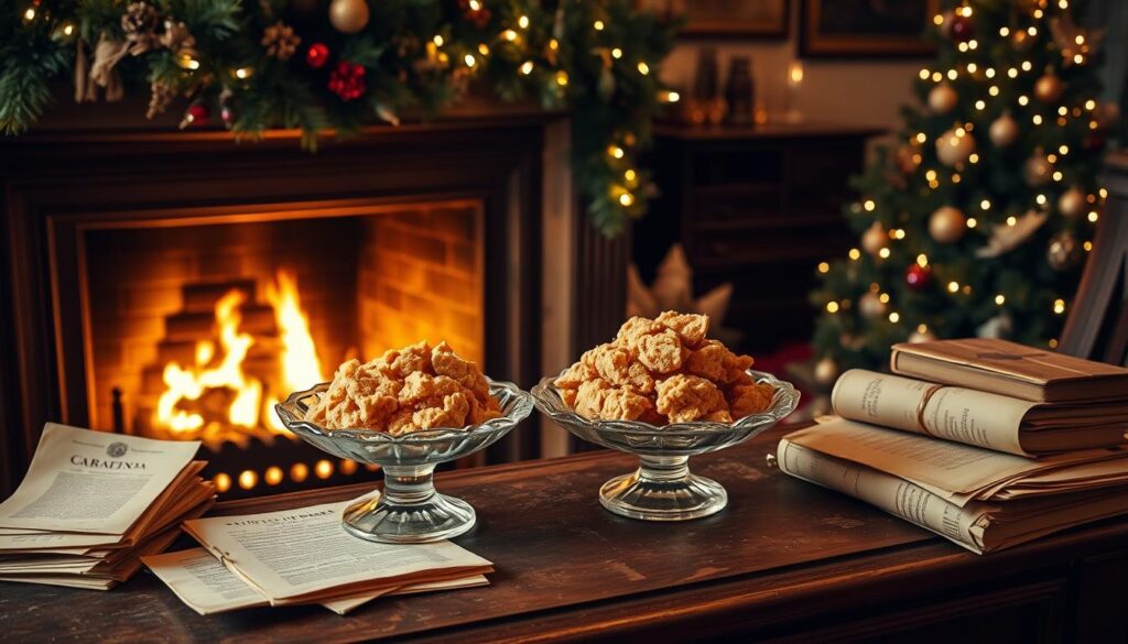 A cozy fireplace in an old-fashioned living room, with a vintage Christmas tree adorned with twinkling lights. On the mantelpiece, an antique-looking glass dish holds a golden-brown, crackly confection - the mythical "Christmas Crack". Surrounding the dish, scattered piles of historical documents, worn leather-bound books, and sepia-toned photographs hint at the forgotten origins of this beloved holiday treat. Warm, soft lighting illuminates the scene, creating an atmosphere of nostalgia and holiday cheer. A sense of wonder and curiosity fills the air, inviting the viewer to explore the intriguing history behind this irresistible confection.