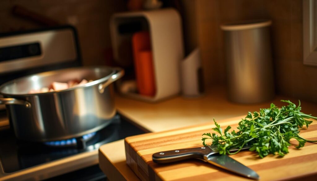 A cozy kitchen counter, dimly lit by warm, natural lighting through a nearby window. In the foreground, a large pot simmers on the stove, filled with a rich, fragrant broth. Chunks of ham, tender white beans, and aromatic vegetables like onions, carrots, and celery float in the bubbling liquid. Beside the pot, a wooden cutting board holds a knife and a pile of fresh herbs, ready to be added for the finishing touch. The scene conveys the comforting process of traditional ham and bean soup making, evoking a sense of homespun, hearty preparation.