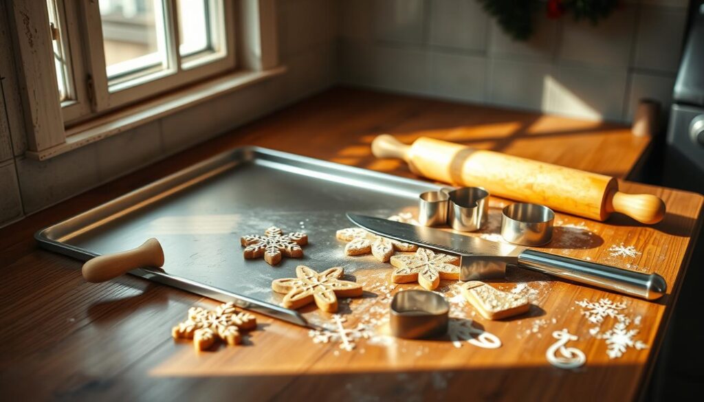 A cozy kitchen counter, warmly lit by soft natural light filtering through a nearby window. Laid out on the surface are the essential tools for baking Christmas crack: a heavy-duty baking sheet, a sturdy rolling pin, a sharp serrated knife, and a set of festive cookie cutters in the shapes of snowflakes, trees, and stockings. The metallic surfaces of the tools gleam, contrasting with the rich, aged wood of the counter. The overall scene evokes a sense of holiday preparation and homemade charm, ready to assist in the creation of delectable seasonal treats.