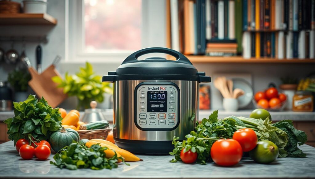 A cozy kitchen counter with a shiny stainless steel Instant Pot in the center, surrounded by fresh vegetables, herbs, and various cooking utensils. The Instant Pot is illuminated by warm, diffused lighting, casting a soft glow on the scene. In the background, a bookshelf displays a collection of cookbooks, hinting at the wealth of culinary knowledge and inspiration available. The overall atmosphere is one of calm, efficiency, and the joy of home-cooked meals.