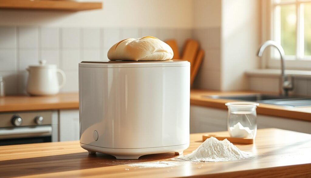 A cozy kitchen countertop bathed in warm, natural light. In the center, a sleek, modern bread machine stands proudly, its pristine white exterior gleaming. Atop the machine, a loaf of freshly baked fluffy white bread, its soft crust gently golden and its aroma wafting through the air. Beside it, a dusting of flour and a few simple ingredients - yeast, water, and salt - a testament to the simplicity and purity of this homemade delight. The scene exudes a sense of comfort and satisfaction, inviting the viewer to imagine the satisfying texture and flavor of this artisanal bread, freshly emerged from the bread machine's embrace.