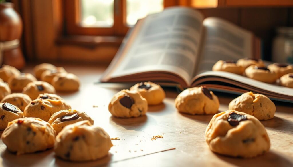 A cozy kitchen countertop, bathed in warm, natural lighting. In the foreground, a Levain-style cookie dough is being carefully portioned and shaped into perfect spheres, ready for baking. Plump, golden-brown cookies sit nearby, fresh from the oven, their crisp edges and gooey, chocolate-studded centers beckoning. In the background, a well-worn cookbook lies open, revealing the time-honored recipe that has inspired countless home bakers to recreate the iconic Levain cookie experience. Subtleties of texture, from the silky dough to the crunchy exterior, are rendered in exquisite detail, capturing the essence of the "Perfect Levain Cookie Recipe for Home Bakers".