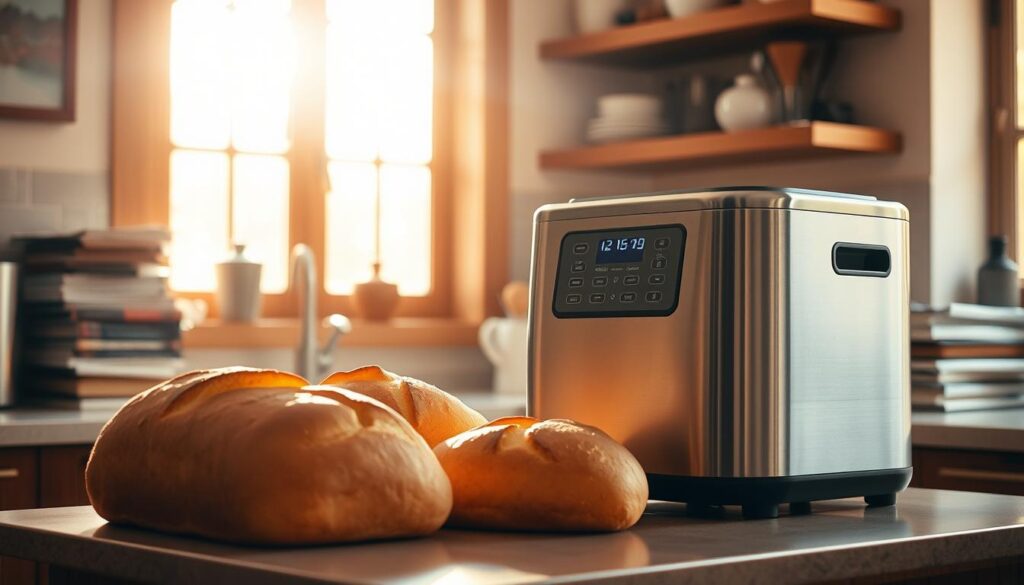 A cozy kitchen interior, bathed in warm, natural light streaming through a large window. On the counter, a modern, sleek bread machine stands prominently, its display panel illuminated. Freshly baked loaves of bread sit nearby, their golden crusts glistening. The aroma of freshly baked bread fills the air, creating a comforting and inviting atmosphere. In the background, a stack of cookbooks and kitchen utensils suggest the joy of homemade baking. The scene conveys the convenience, simplicity, and delicious rewards of using a bread machine to create wholesome, homemade breads with ease.