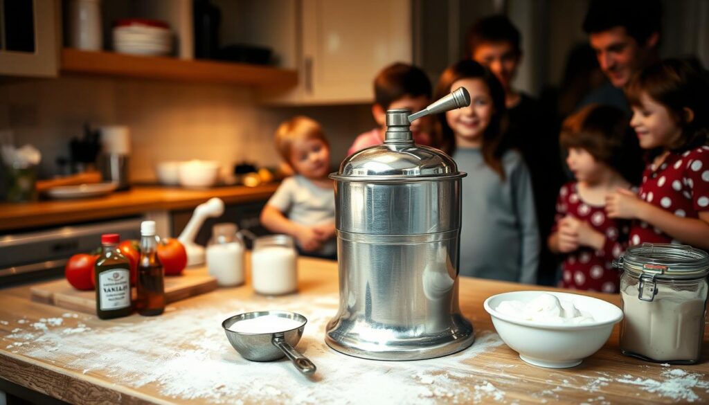 A cozy kitchen scene, the countertop dusted with flour, a hand-cranked ice cream maker sitting atop, its metal gleaming in the warm, soft lighting. Nearby, fresh ingredients - cream, sugar, vanilla extract - waiting to be transformed into a batch of rich, creamy homemade ice cream. The anticipation is palpable, as a family gathers around, eagerly watching the machine churn, their faces alight with excitement. The atmosphere is one of togetherness, tradition, and the simple pleasure of creating something delicious from scratch.