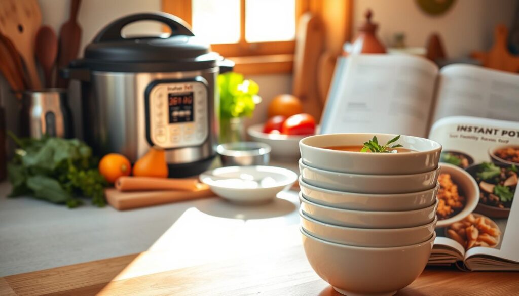 A cozy kitchen scene with a gleaming Instant Pot on the counter, surrounded by fresh vegetables, herbs, and aromatic spices. Sunlight streams through the window, casting a warm glow over the scene. In the foreground, a stack of bowls awaits the nourishing soup to be ladled in, while in the background, a recipe book lies open, showcasing the mouthwatering array of Instant Pot soup creations. The overall atmosphere is one of inviting simplicity, highlighting the ease and healthfulness of these family-friendly soup recipes.