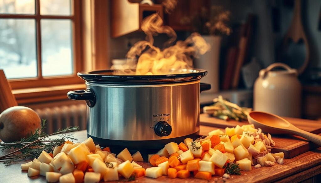 A cozy kitchen scene with a large crockpot taking center stage, steam gently rising from the savory potato soup within. Chopped potatoes, carrots, onions, and herbs spill out onto the countertop, ready to be added to the pot. Warm, golden lighting illuminates the scene, casting a comforting glow. Wooden utensils and a rustic cutting board add to the homey atmosphere. In the background, a window looks out onto a snowy winter landscape, emphasizing the hearty, nourishing nature of the dish. The overall mood is one of ease and simplicity - an effortless, comforting meal to enjoy on a chilly day.