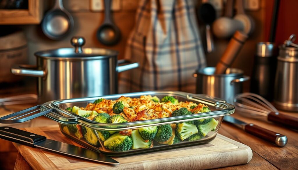 A cozy kitchen scene with a rustic broccoli casserole dish at the center, surrounded by an array of essential cooking tools. In the foreground, a heavy-duty glass baking dish, a sharp chef's knife, and a wooden cutting board. In the middle ground, a stainless steel saucepan, a sturdy whisk, and a heat-resistant spatula. In the background, a vintage-inspired apron hangs on a hook, complemented by a mortar and pestle, and a set of measuring cups and spoons. The scene is bathed in warm, golden lighting, creating a welcoming and inviting atmosphere, perfect for preparing a comforting broccoli casserole recipe.