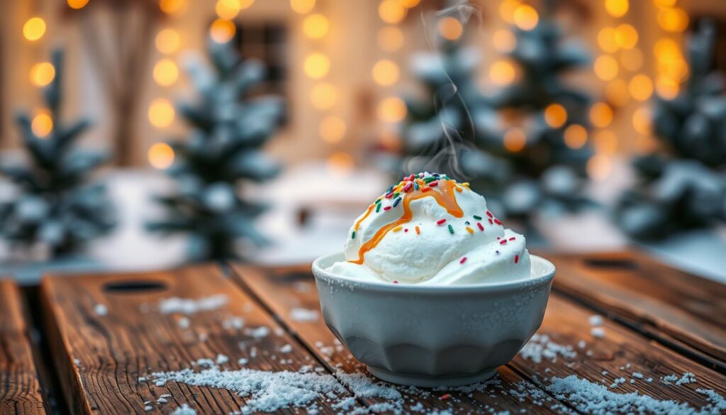 A cozy winter scene featuring a rustic wooden table topped with a steaming bowl of freshly churned snow ice cream. The creamy white dessert is garnished with a sprinkle of colorful sprinkles and a drizzle of caramel sauce. In the background, a snowy landscape with pine trees and a warm, soft lighting creates a charming, inviting atmosphere. The image has a shallow depth of field, putting the snow ice cream in sharp focus while the surroundings are slightly blurred, emphasizing the delightful treat. The overall mood is nostalgic, homey, and evocative of a traditional, comforting winter dessert. A cozy winter scene featuring a rustic wooden table topped with a steaming bowl of freshly churned snow ice cream. The creamy white dessert is garnished with a sprinkle of colorful sprinkles and a drizzle of caramel sauce. In the background, a snowy landscape with pine trees and a warm, soft lighting creates a charming, inviting atmosphere. The image has a shallow depth of field, putting the snow ice cream in sharp focus while the surroundings are slightly blurred, emphasizing the delightful treat. The overall mood is nostalgic, homey, and evocative of a traditional, comforting winter dessert.