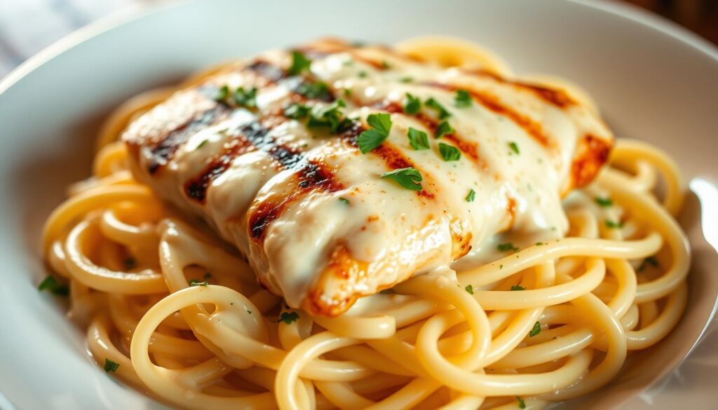 A creamy, decadent chicken alfredo pasta dish, with tender grilled chicken breasts nestled atop a bed of perfectly al dente fettuccine noodles, coated in a rich, silky smooth alfredo sauce. The sauce glistens with buttery notes, accented by the savory umami of parmesan cheese. Garnished with freshly chopped parsley, the dish emits an inviting aroma, beckoning the viewer to take a bite. Lit by warm, natural lighting that casts a soft, golden glow, the pasta is presented in an elegant, restaurant-style composition, with the chicken artfully arranged atop. The overall mood is one of comfort and indulgence, perfectly capturing the essence of a homemade chicken alfredo recipe. A creamy, decadent chicken alfredo pasta dish, with tender grilled chicken breasts nestled atop a bed of perfectly al dente fettuccine noodles, coated in a rich, silky smooth alfredo sauce. The sauce glistens with buttery notes, accented by the savory umami of parmesan cheese. Garnished with freshly chopped parsley, the dish emits an inviting aroma, beckoning the viewer to take a bite. Lit by warm, natural lighting that casts a soft, golden glow, the pasta is presented in an elegant, restaurant-style composition, with the chicken artfully arranged atop. The overall mood is one of comfort and indulgence, perfectly capturing the essence of a homemade chicken alfredo recipe.