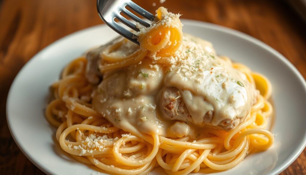 A creamy, dreamy chicken alfredo dish, with tender chicken breasts, smothered in a rich, velvety parmesan-infused sauce, set against a backdrop of perfectly al dente fettuccine noodles. The scene is bathed in a warm, golden light, casting a comforting glow and highlighting the dish's luxurious textures. In the foreground, grated parmesan cheese cascades over the top, adding a delightful savory crunch. The middle ground features a generous serving, the sauce oozing and beckoning to be twirled around the fork. In the background, a classic white plate provides a clean, minimalist canvas to showcase the dish's decadent appearance. The overall mood is one of indulgence and refined, Italian-inspired elegance.