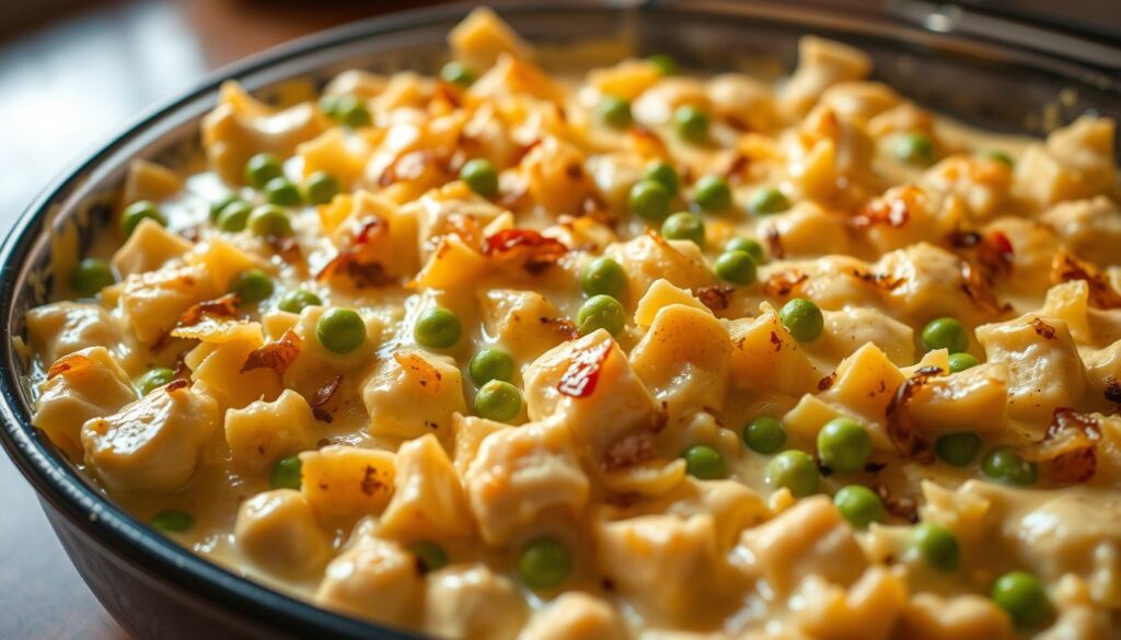 A creamy, golden-brown casserole dish filled with tender chunks of canned chicken, bathed in a rich, velvety Alfredo sauce. The top is dotted with gooey, melted mozzarella cheese, creating an inviting bubbly crust. Vibrant green peas and slivers of sautéed garlic add pops of color and flavor. Lit by warm, diffused lighting, casting a comforting glow. Photographed from a high angle, showcasing the layered textures and enticing aroma. A simple, satisfying weeknight dinner that will have the whole family reaching for seconds.