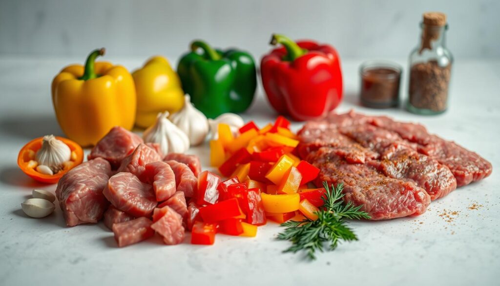 A crisp, evenly-lit kitchen counter showcases the main ingredients for a savory pepper steak dish: tender cuts of beef, vibrant bell peppers in various colors, garlic cloves, and a selection of aromatic spices. The peppers are freshly sliced, their surfaces glistening, while the beef is neatly cubed, ready to be seared to perfection. A subtle ambient glow illuminates the scene, highlighting the textures and colors of the components, hinting at the delicious meal to come. The overall composition conveys a sense of culinary precision and anticipation, setting the stage for the perfect blend of tender beef and crisp peppers.