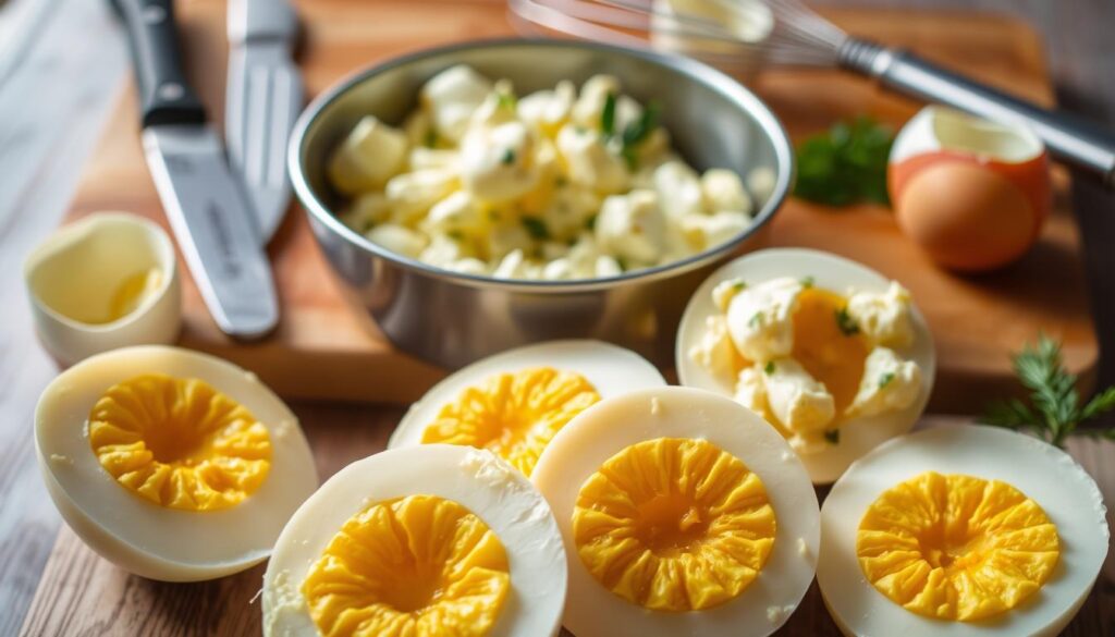 A crisp, golden-brown hardboiled eggs halves sit in the foreground, their creamy yolks gleaming under soft, natural lighting. In the middle ground, a stainless steel bowl overflows with a silky, pale yellow egg salad, flecked with fresh herbs and a hint of lemon. Behind, a wooden cutting board holds the tools of the trade - a sharp knife, a whisk, and a few remaining eggshells. The overall scene conveys a sense of calm, effortless preparation, inviting the viewer to imagine the satisfying flavors and textures of this perfect, creamy egg salad.