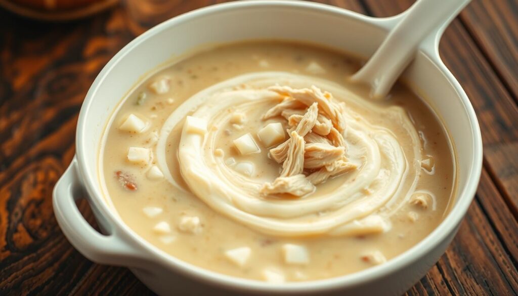 A crisp white ceramic bowl sits on a rustic wooden table, filled with a creamy white chicken chili. Swirls of softened cream cheese are gently folded into the steaming broth, creating a luscious, velvety texture. Diced white onions, tender shredded chicken, and a hint of spice add depth and complexity to the dish. Warm lighting casts a cozy glow, accentuating the rich, comforting aroma. The scene is photographed from a low angle, capturing the inviting nature of the dish and the effortless technique of incorporating the cream cheese. This image perfectly illustrates the common mistakes and techniques when adding cream cheese to a white chicken chili recipe.