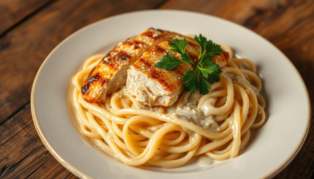 A delectable dish of classic chicken alfredo, showcasing a perfectly al dente fettuccine pasta nestled beneath a creamy, decadent sauce. The chicken breasts, seared to a golden-brown finish, are tenderly sliced and arranged atop the pasta, their juices mingling with the silky, Parmesan-enriched sauce. The entire scene is bathed in a warm, inviting lighting, casting a soft glow over the dish and highlighting the dish's luxurious texture and indulgent nature. Positioned on a rustic wooden table, the plate is accented by a sprig of fresh parsley, adding a vibrant pop of color and a hint of freshness to the otherwise rich and comforting meal.