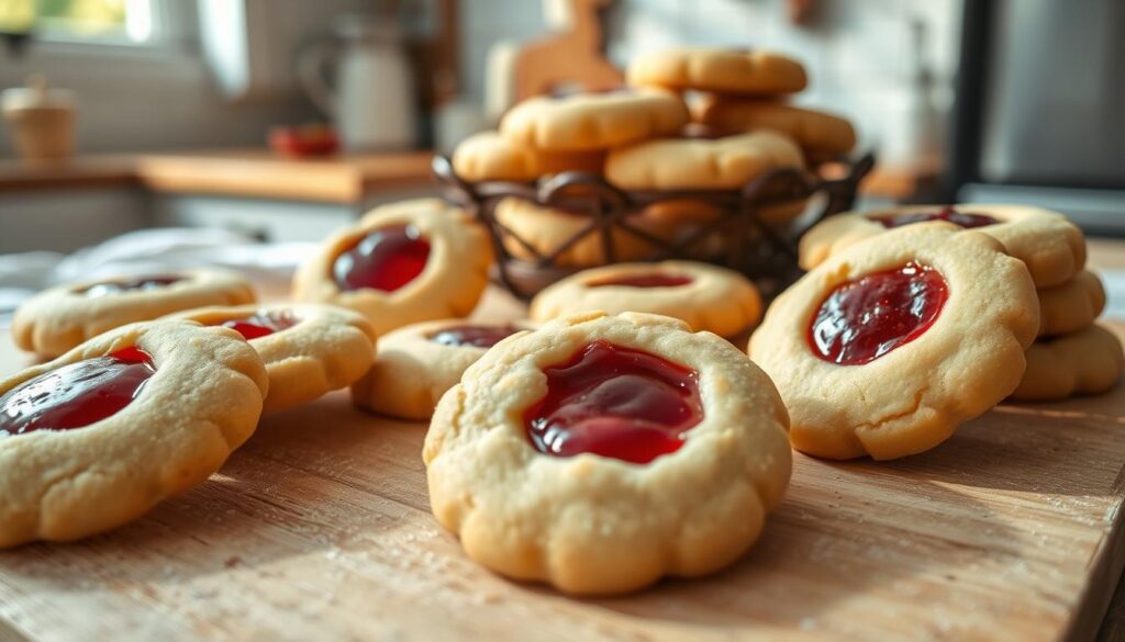 A delicate arrangement of traditional Swedish thumbprint cookies, their buttery shortbread dough dotted with glistening jam centers, set against a backdrop of a cozy Scandinavian kitchen. Warm natural lighting casts a soft glow, highlighting the cookies' intricate thumbprint impressions and the vibrant jewel-toned jams peeking through. Rustic wooden surfaces, a hint of Dala horse decor, and a touch of Hygge ambiance complete the scene, transporting the viewer to the heart of Swedish baking heritage. A delicate arrangement of traditional Swedish thumbprint cookies, their buttery shortbread dough dotted with glistening jam centers, set against a backdrop of a cozy Scandinavian kitchen. Warm natural lighting casts a soft glow, highlighting the cookies' intricate thumbprint impressions and the vibrant jewel-toned jams peeking through. Rustic wooden surfaces, a hint of Dala horse decor, and a touch of Hygge ambiance complete the scene, transporting the viewer to the heart of Swedish baking heritage.